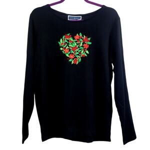 Karen Scott Poinsettia Heart Black Long Sleeve Tee Size L‎